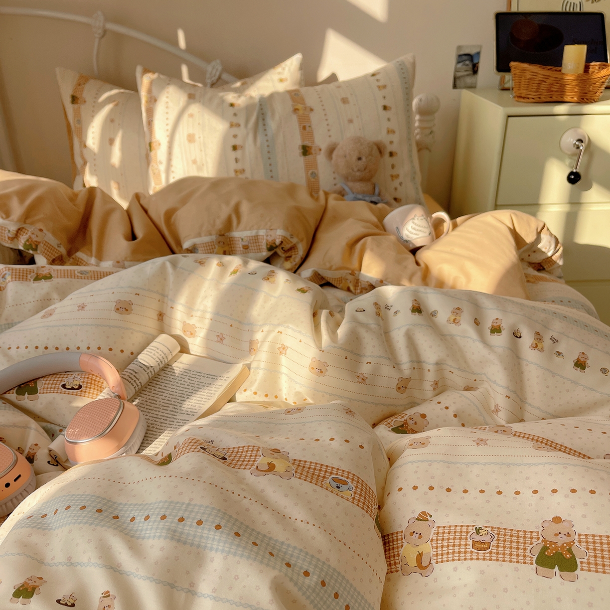 91家纺网 家纺一手货源 找家纺 桃子家居 2026新款纯棉13070小清新卡通少女可爱全棉系列四件套 棉-幸运星星熊