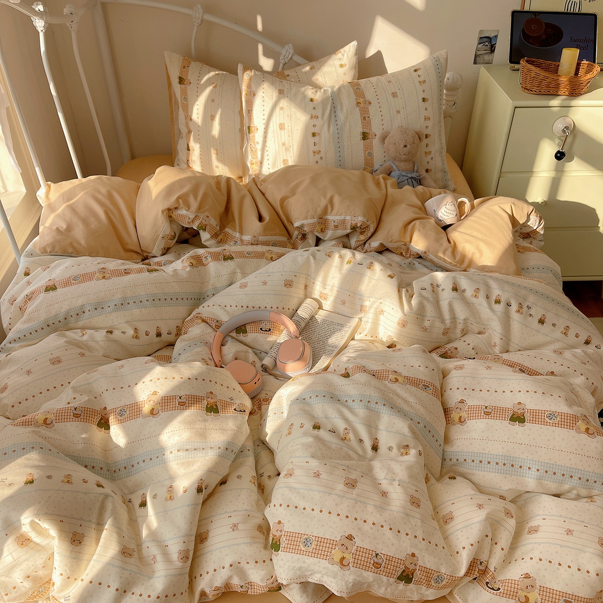 91家纺网 家纺一手货源 找家纺 桃子家居 2026新款纯棉13070小清新卡通少女可爱全棉系列四件套 棉-幸运星星熊