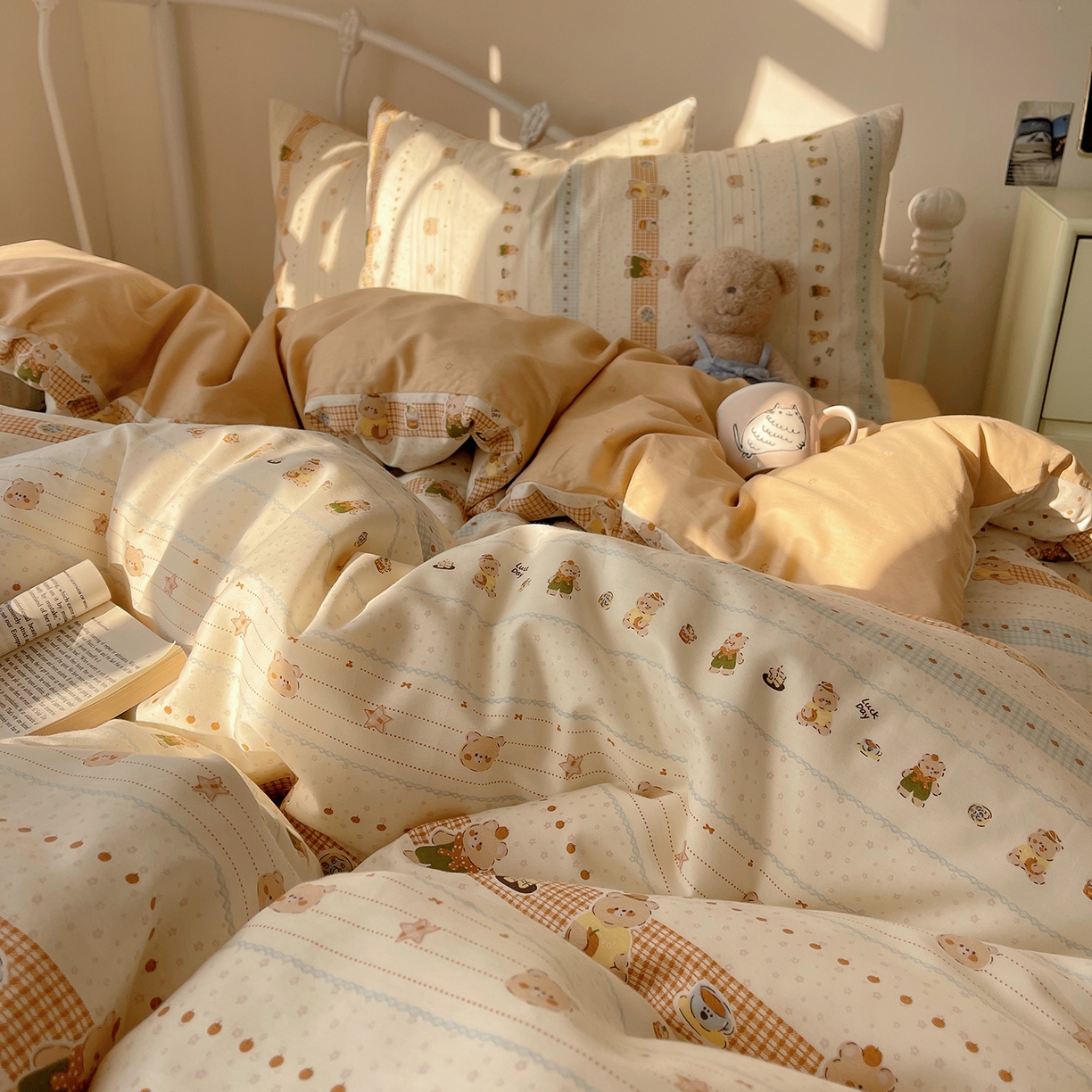 91家纺网 家纺一手货源 找家纺 桃子家居 2026新款纯棉13070小清新卡通少女可爱全棉系列四件套 棉-幸运星星熊