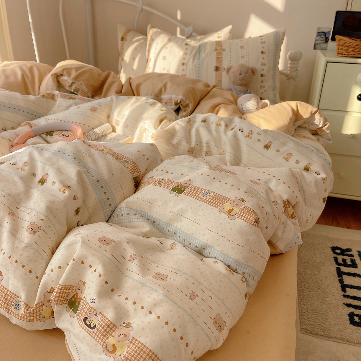 91家纺网 家纺一手货源 找家纺 桃子家居 2026新款纯棉13070小清新卡通少女可爱全棉系列四件套 棉-幸运星星熊