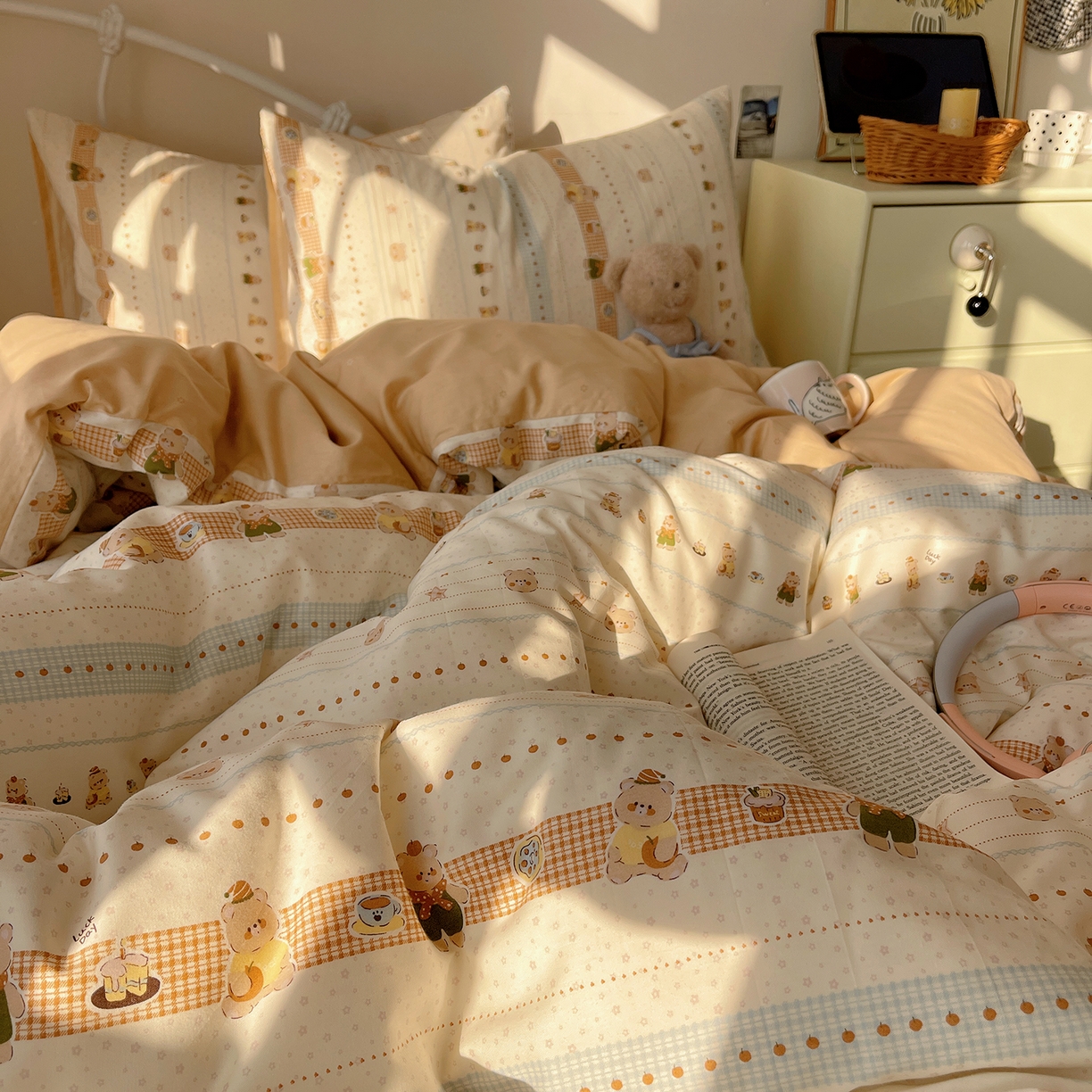 91家纺网 家纺一手货源 找家纺 桃子家居 2026新款纯棉13070小清新卡通少女可爱全棉系列四件套 棉-幸运星星熊