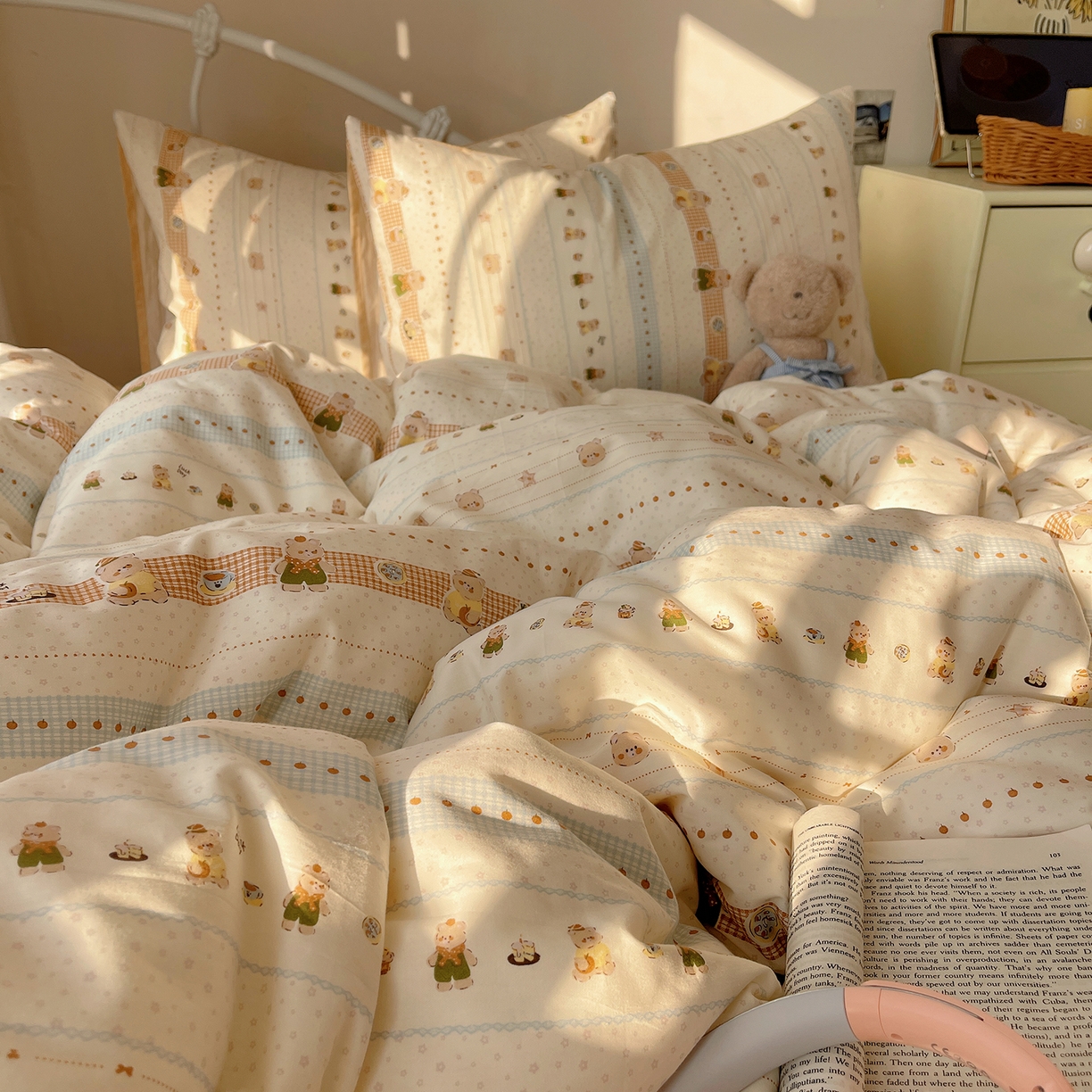 91家纺网 家纺一手货源 找家纺 桃子家居 2026新款纯棉13070小清新卡通少女可爱全棉系列四件套 棉-幸运星星熊