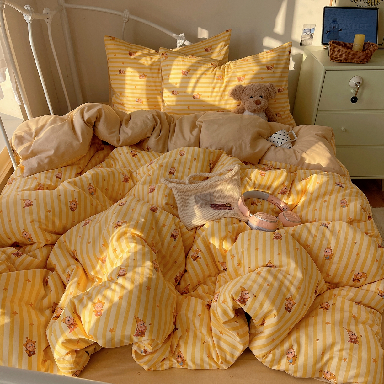 91家纺网 家纺一手货源 找家纺 桃子家居 2026新款纯棉13070小清新卡通少女可爱全棉系列四件套 棉-芝士星星