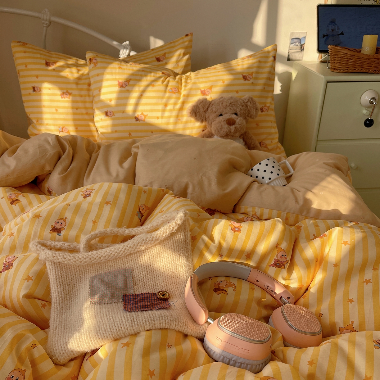 91家纺网 家纺一手货源 找家纺 桃子家居 2026新款纯棉13070小清新卡通少女可爱全棉系列四件套 棉-芝士星星