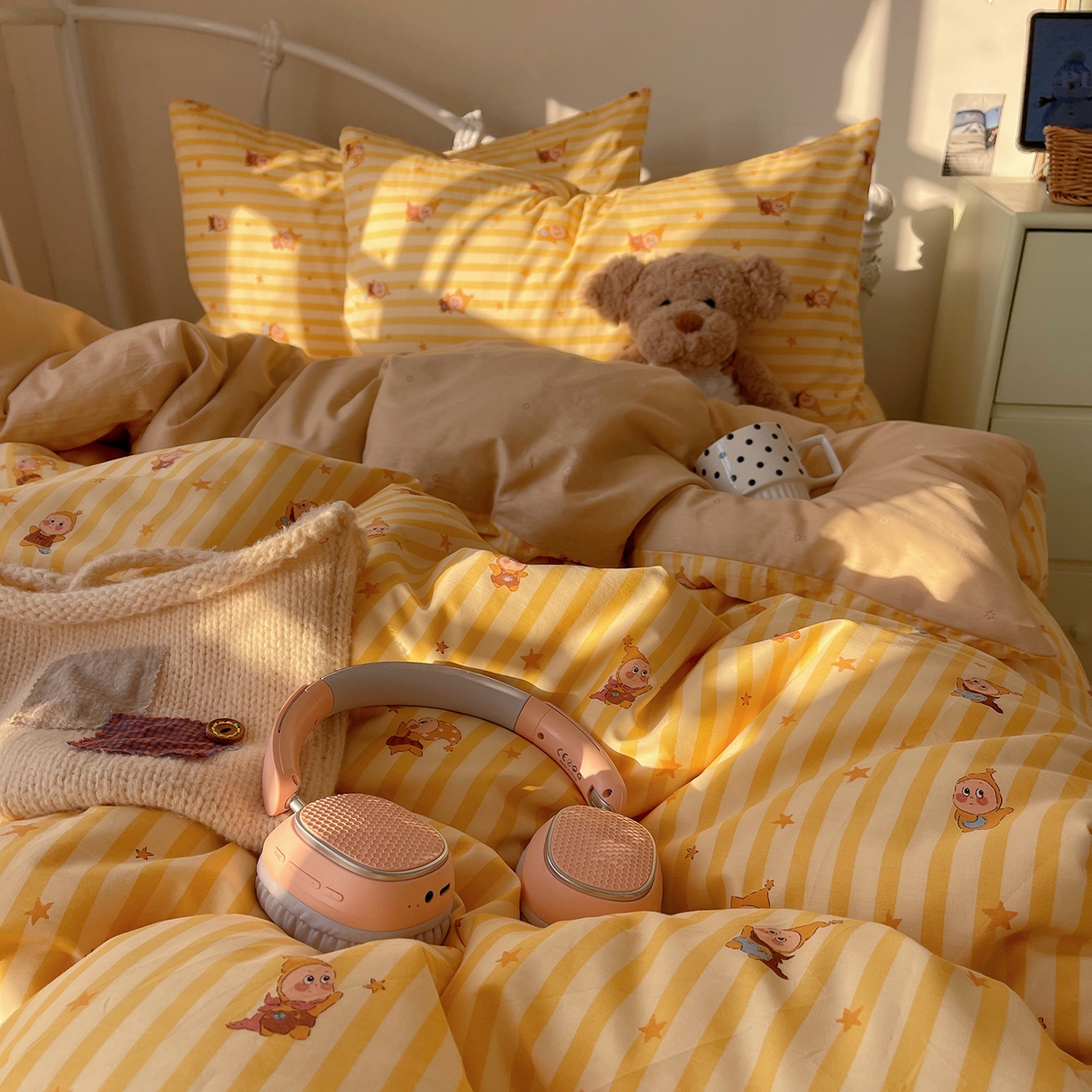 91家纺网 家纺一手货源 找家纺 桃子家居 2026新款纯棉13070小清新卡通少女可爱全棉系列四件套 棉-芝士星星