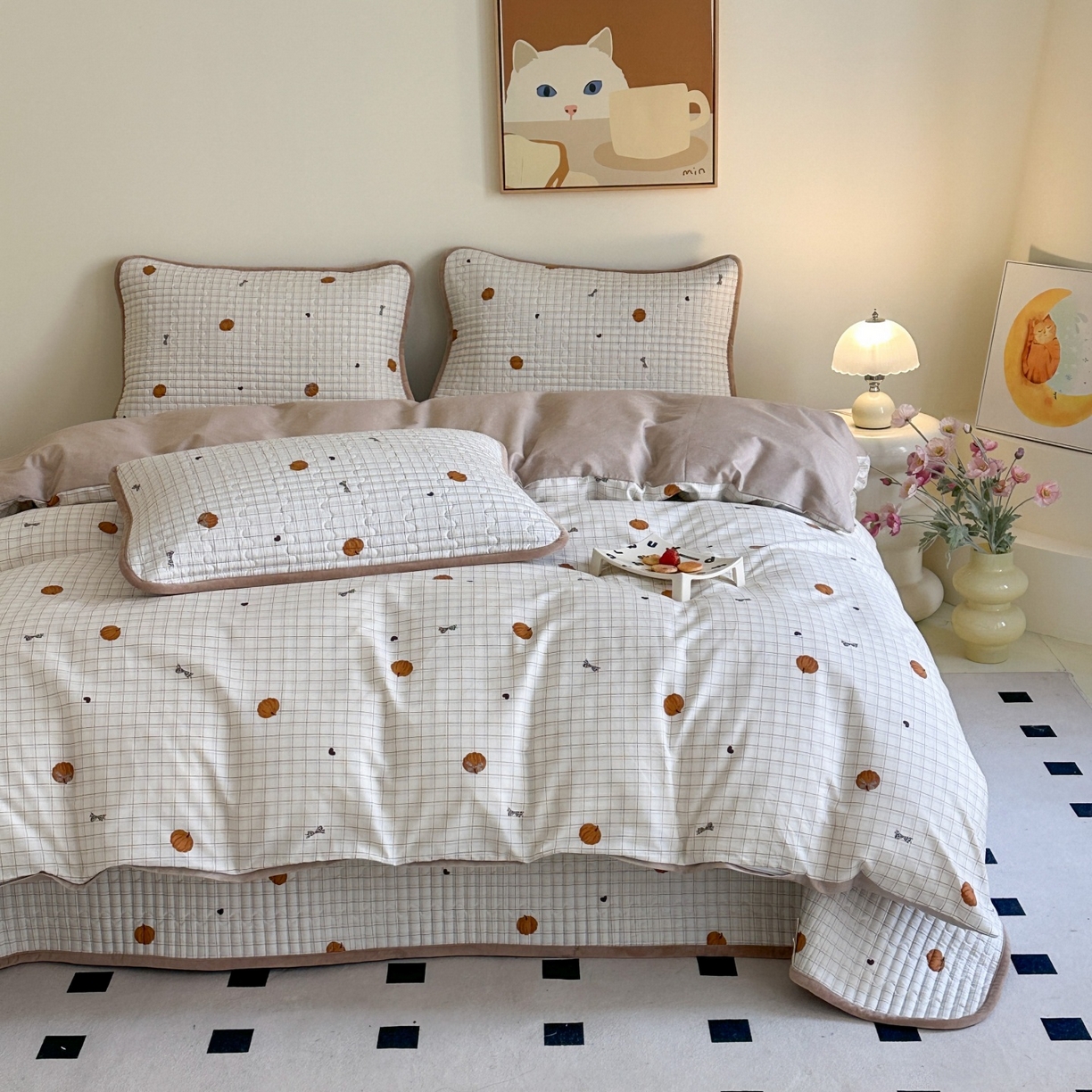 91家纺网 家纺一手货源 找家纺 凌云家纺 2026新款A类13372全棉床盖四件套 南瓜可可