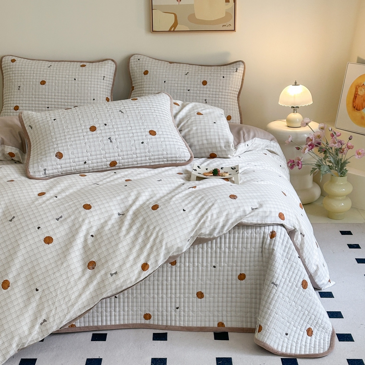 91家纺网 家纺一手货源 找家纺 凌云家纺 2026新款A类13372全棉床盖四件套 南瓜可可