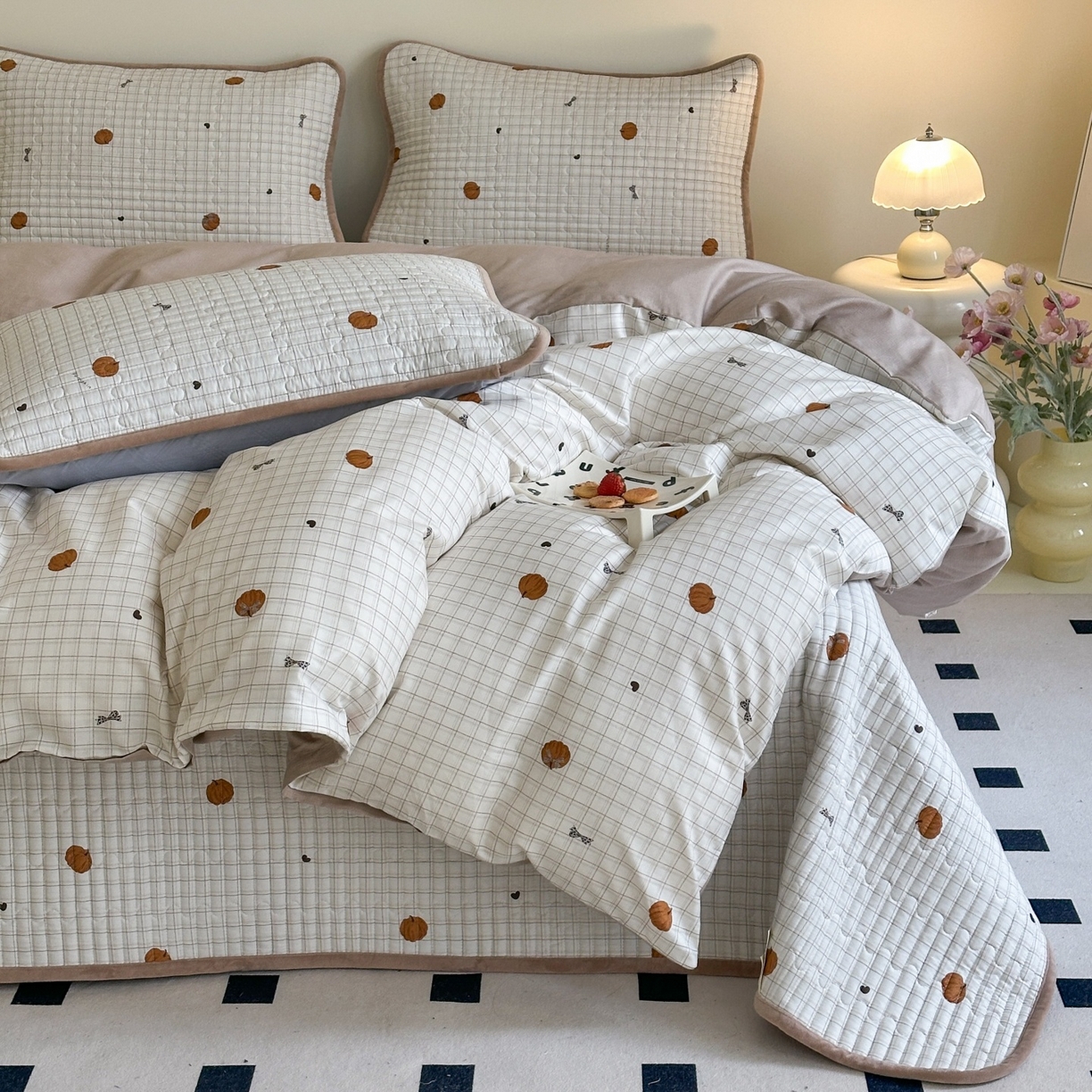 91家纺网 家纺一手货源 找家纺 凌云家纺 2026新款A类13372全棉床盖四件套 南瓜可可