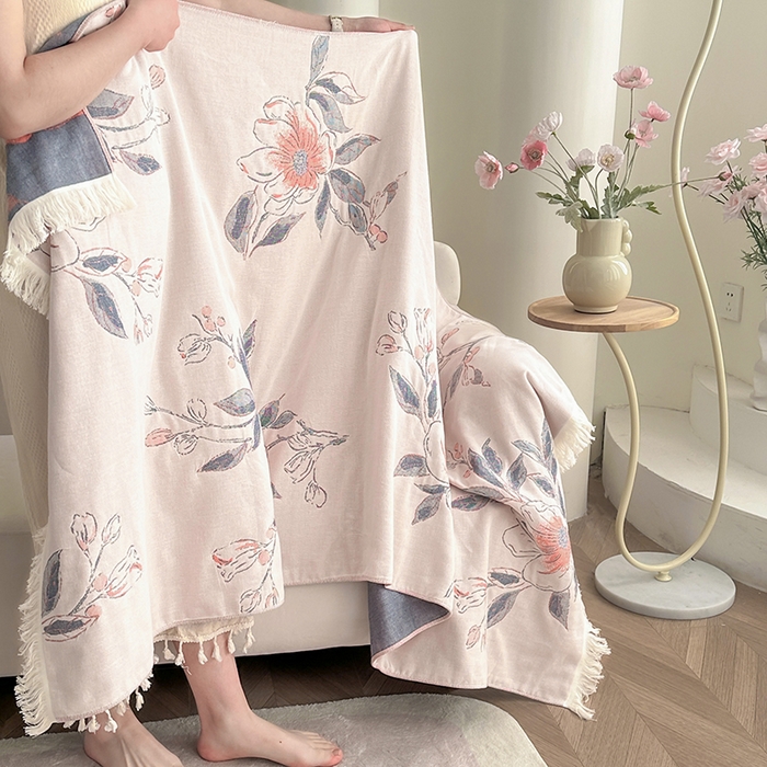 91家纺网 家纺一手货源 找家纺 凌云家纺 2026新款全棉纯棉双层有氧纱大提花流苏毯披肩毯毛毯毯子 花苞-蓝