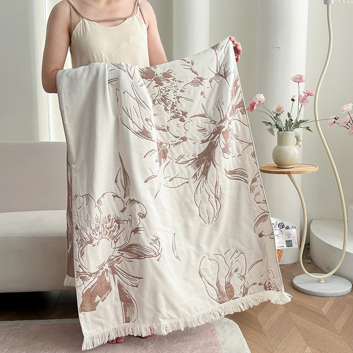 凌云家纺 2026新款全棉纯棉双层有氧纱大提花流苏毯披肩毯毛毯毯子 花开十分-棕