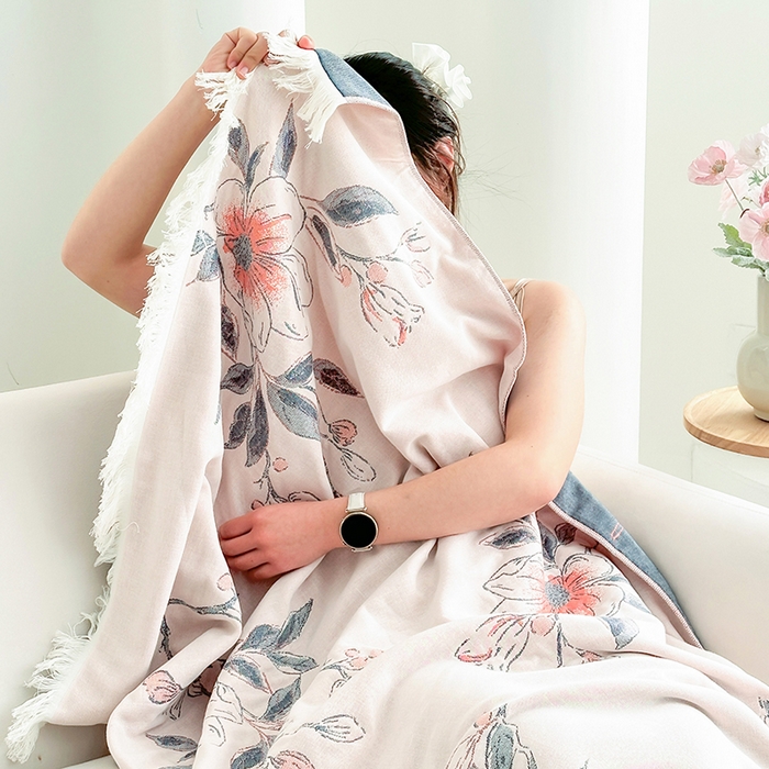 91家纺网 家纺一手货源 找家纺 凌云家纺 2026新款全棉纯棉双层有氧纱大提花流苏毯披肩毯毛毯毯子 花苞-蓝