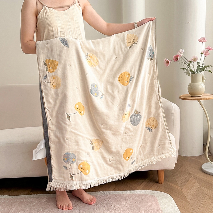 凌云家纺 2026新款全棉纯棉双层有氧纱大提花流苏毯披肩毯毛毯毯子 苹果-黄