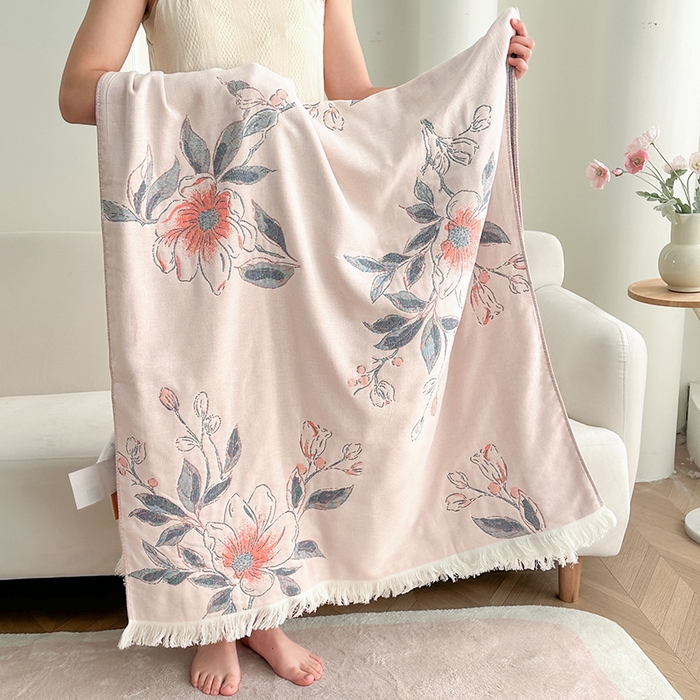 凌云家纺 2026新款全棉纯棉双层有氧纱大提花流苏毯披肩毯毛毯毯子 花苞-蓝