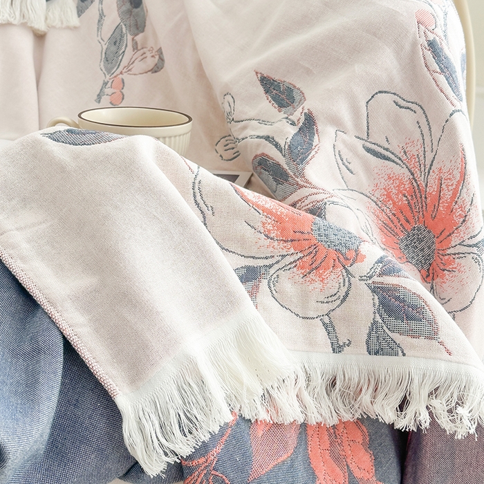 91家纺网 家纺一手货源 找家纺 凌云家纺 2026新款全棉纯棉双层有氧纱大提花流苏毯披肩毯毛毯毯子 花苞-蓝