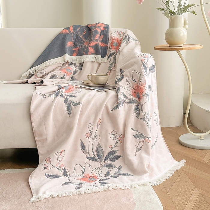 91家纺网 家纺一手货源 找家纺 凌云家纺 2026新款全棉纯棉双层有氧纱大提花流苏毯披肩毯毛毯毯子 花苞-蓝