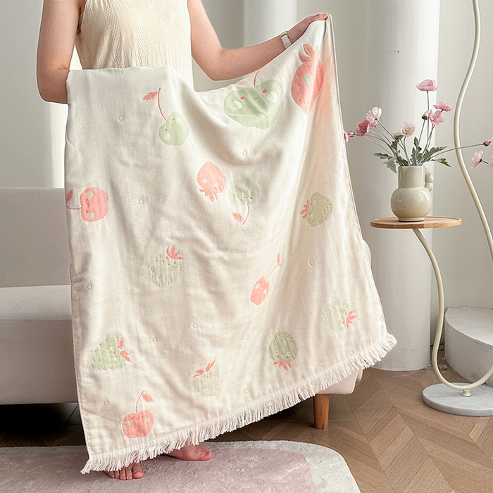凌云家纺 2026新款全棉纯棉双层有氧纱大提花流苏毯披肩毯毛毯毯子 苹果-绿