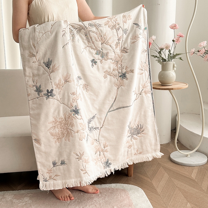 凌云家纺 2026新款全棉纯棉双层有氧纱大提花流苏毯披肩毯毛毯毯子 花枝-棕