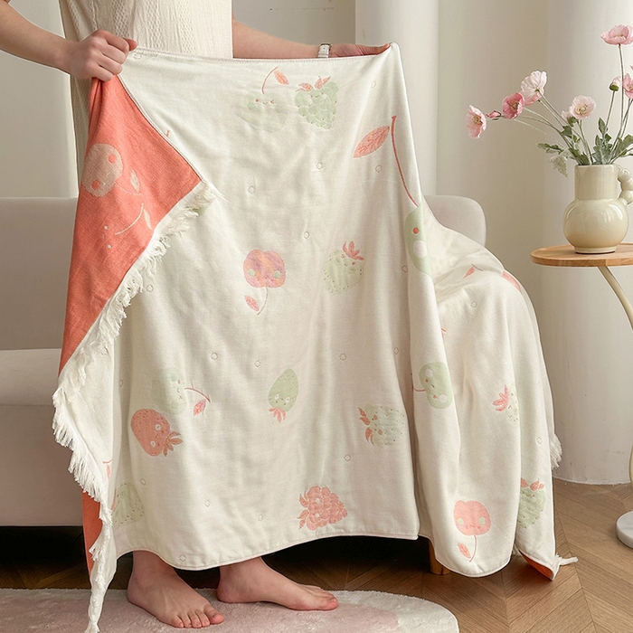 91家纺网 家纺一手货源 找家纺 凌云家纺 2026新款全棉纯棉双层有氧纱大提花流苏毯披肩毯毛毯毯子 苹果-绿