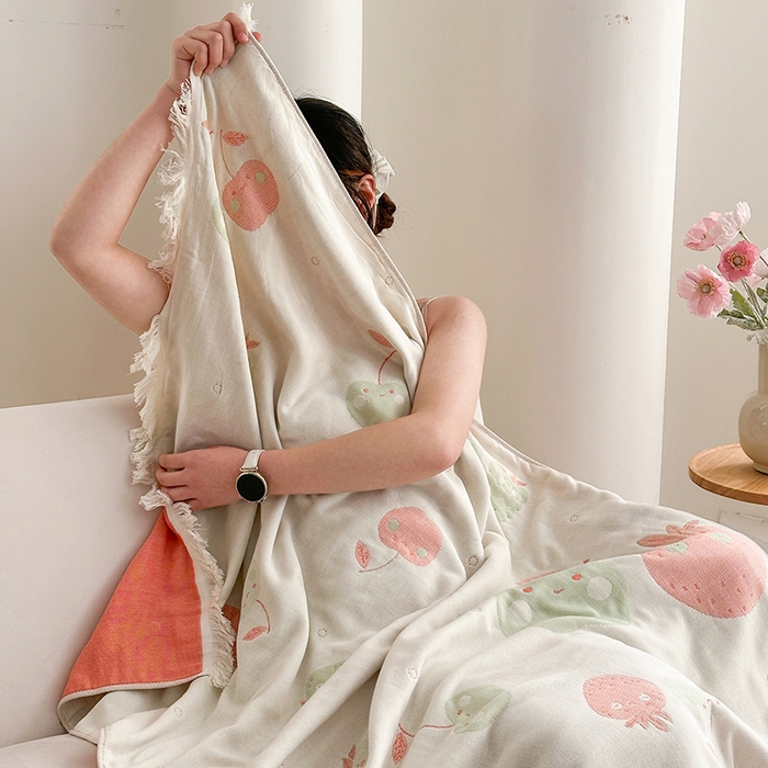 91家纺网 家纺一手货源 找家纺 凌云家纺 2026新款全棉纯棉双层有氧纱大提花流苏毯披肩毯毛毯毯子 苹果-绿