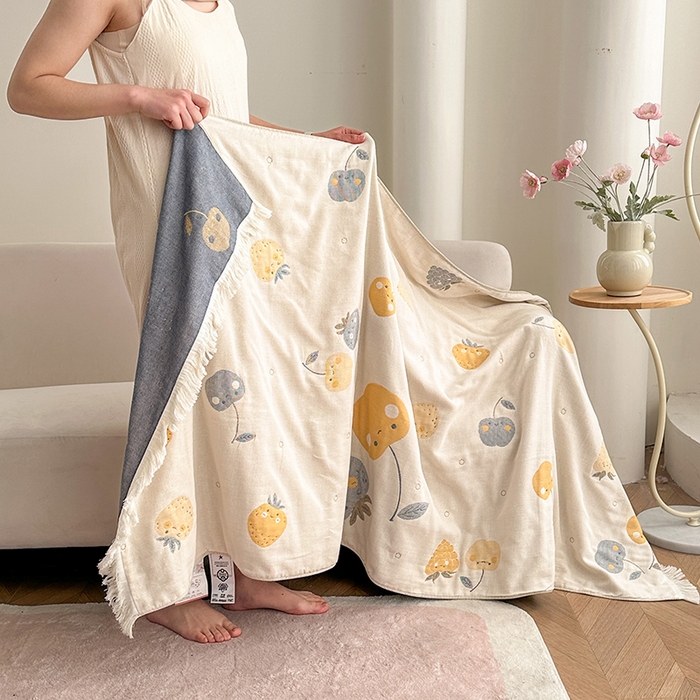 91家纺网 家纺一手货源 找家纺 凌云家纺 2026新款全棉纯棉双层有氧纱大提花流苏毯披肩毯毛毯毯子 苹果-黄