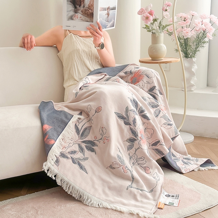 91家纺网 家纺一手货源 找家纺 凌云家纺 2026新款全棉纯棉双层有氧纱大提花流苏毯披肩毯毛毯毯子 花苞-蓝