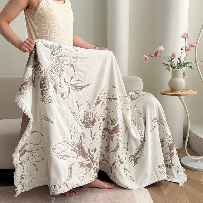 91家纺网 家纺一手货源 找家纺 凌云家纺 2026新款全棉纯棉双层有氧纱大提花流苏毯披肩毯毛毯毯子 花开十分-棕