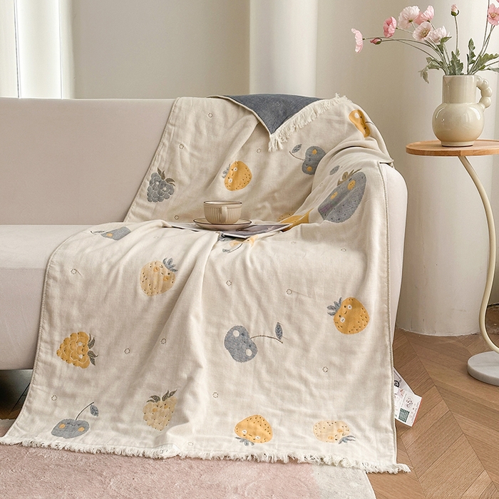 91家纺网 家纺一手货源 找家纺 凌云家纺 2026新款全棉纯棉双层有氧纱大提花流苏毯披肩毯毛毯毯子 苹果-黄