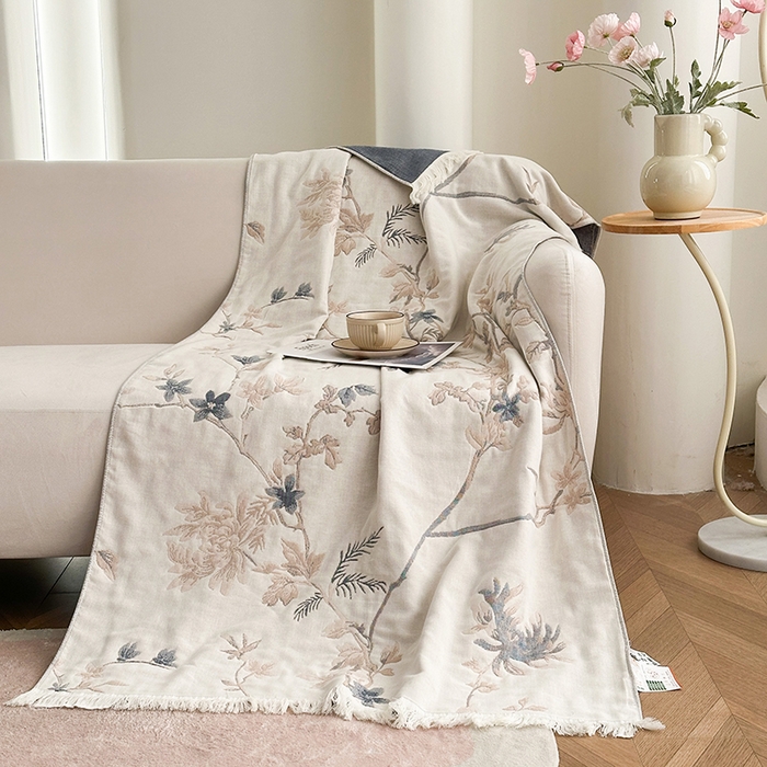 91家纺网 家纺一手货源 找家纺 凌云家纺 2026新款全棉纯棉双层有氧纱大提花流苏毯披肩毯毛毯毯子 花枝-棕