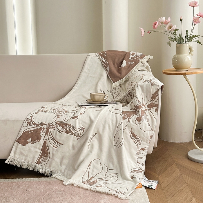 91家纺网 家纺一手货源 找家纺 凌云家纺 2026新款全棉纯棉双层有氧纱大提花流苏毯披肩毯毛毯毯子 花开十分-棕