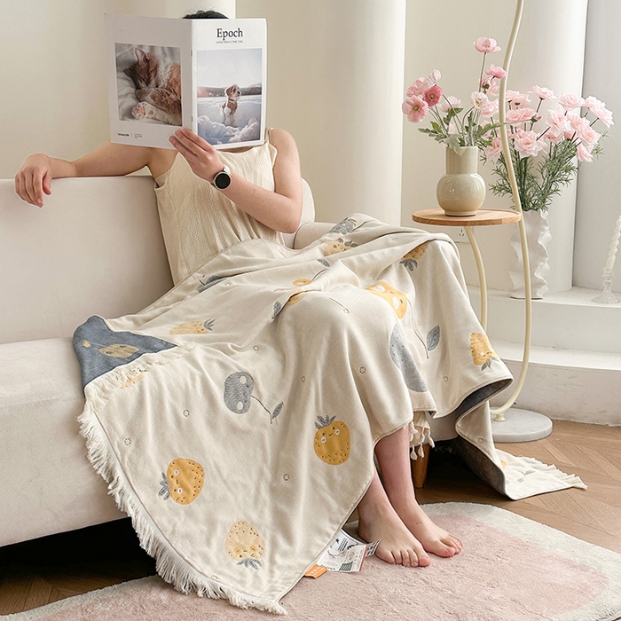 91家纺网 家纺一手货源 找家纺 凌云家纺 2026新款全棉纯棉双层有氧纱大提花流苏毯披肩毯毛毯毯子 苹果-黄