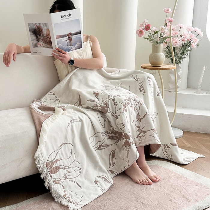 91家纺网 家纺一手货源 找家纺 凌云家纺 2026新款全棉纯棉双层有氧纱大提花流苏毯披肩毯毛毯毯子 花开十分-棕