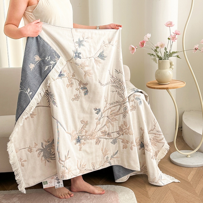 91家纺网 家纺一手货源 找家纺 凌云家纺 2026新款全棉纯棉双层有氧纱大提花流苏毯披肩毯毛毯毯子 花枝-棕