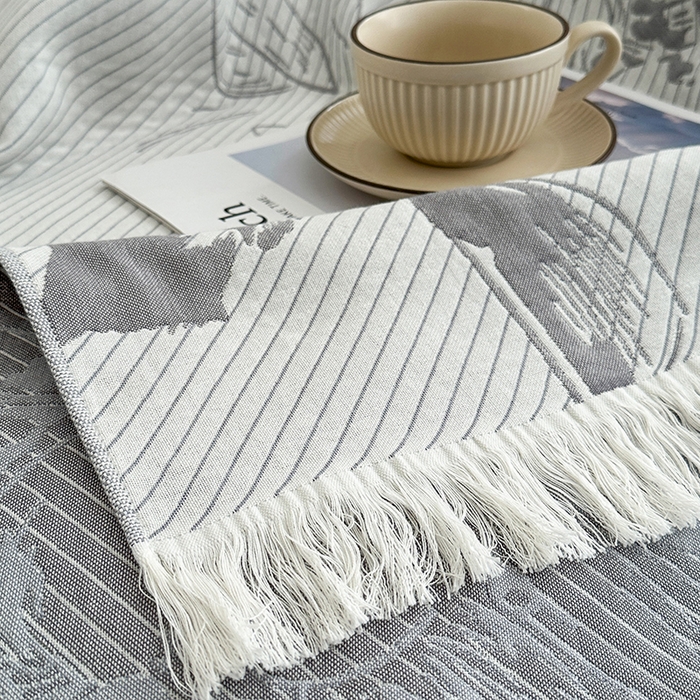 91家纺网 家纺一手货源 找家纺 凌云家纺 2026新款全棉纯棉双层有氧纱大提花流苏毯披肩毯毛毯毯子 花开十分-灰