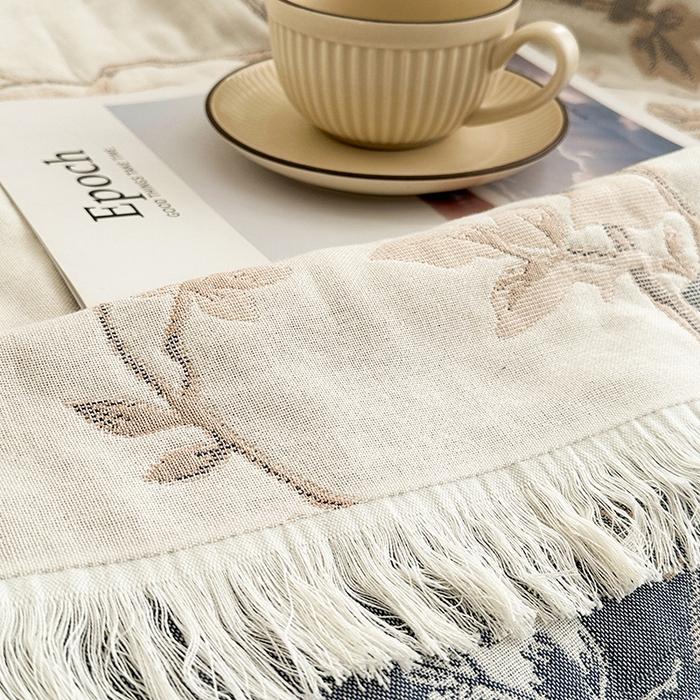 91家纺网 家纺一手货源 找家纺 凌云家纺 2026新款全棉纯棉双层有氧纱大提花流苏毯披肩毯毛毯毯子 花枝-棕