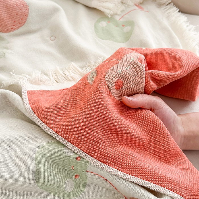 91家纺网 家纺一手货源 找家纺 凌云家纺 2026新款全棉纯棉双层有氧纱大提花流苏毯披肩毯毛毯毯子 苹果-绿