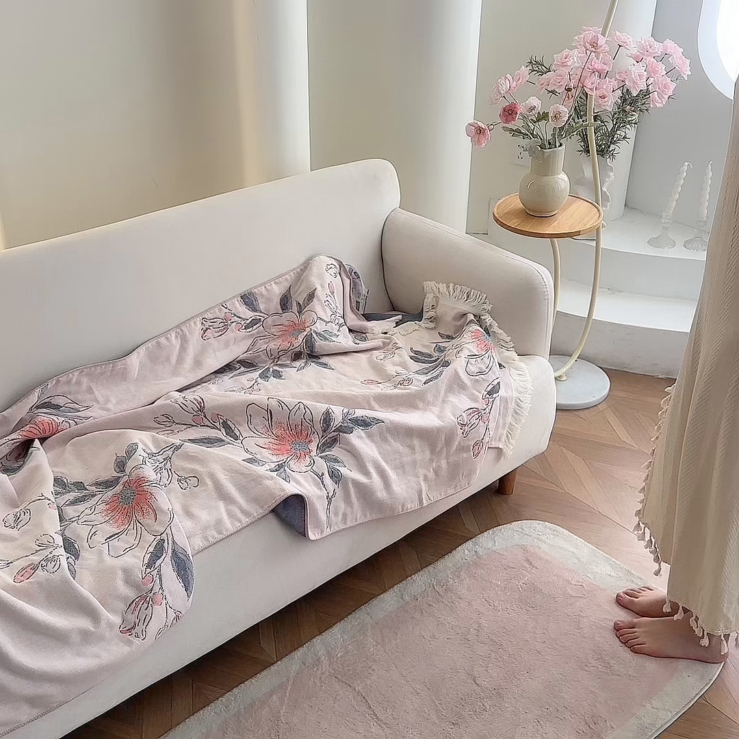 91家纺网 家纺一手货源 找家纺 （总）凌云家纺 2026新款全棉纯棉双层有氧纱大提花流苏毯披肩毯毛毯毯子