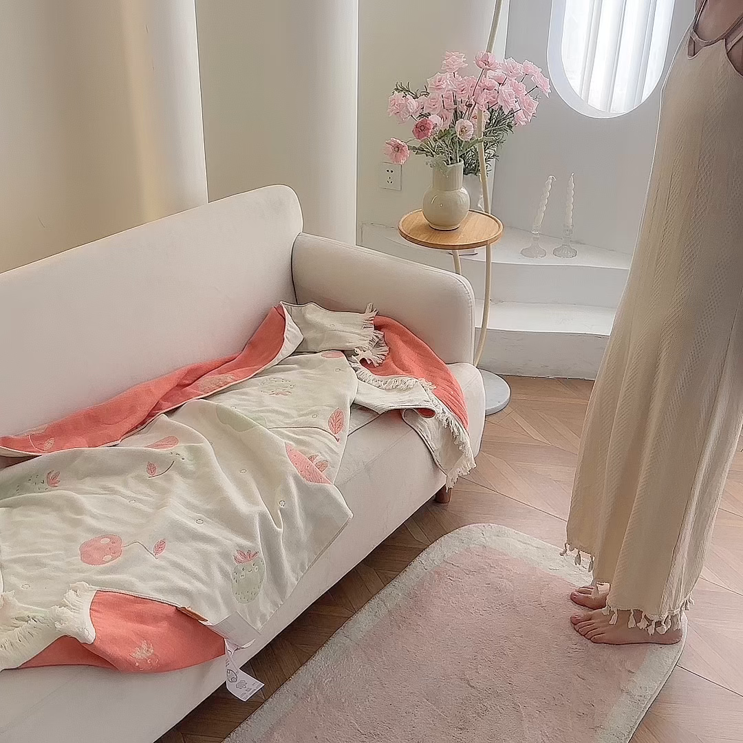 91家纺网 家纺一手货源 找家纺 凌云家纺 2026新款全棉纯棉双层有氧纱大提花流苏毯披肩毯毛毯毯子 苹果-绿