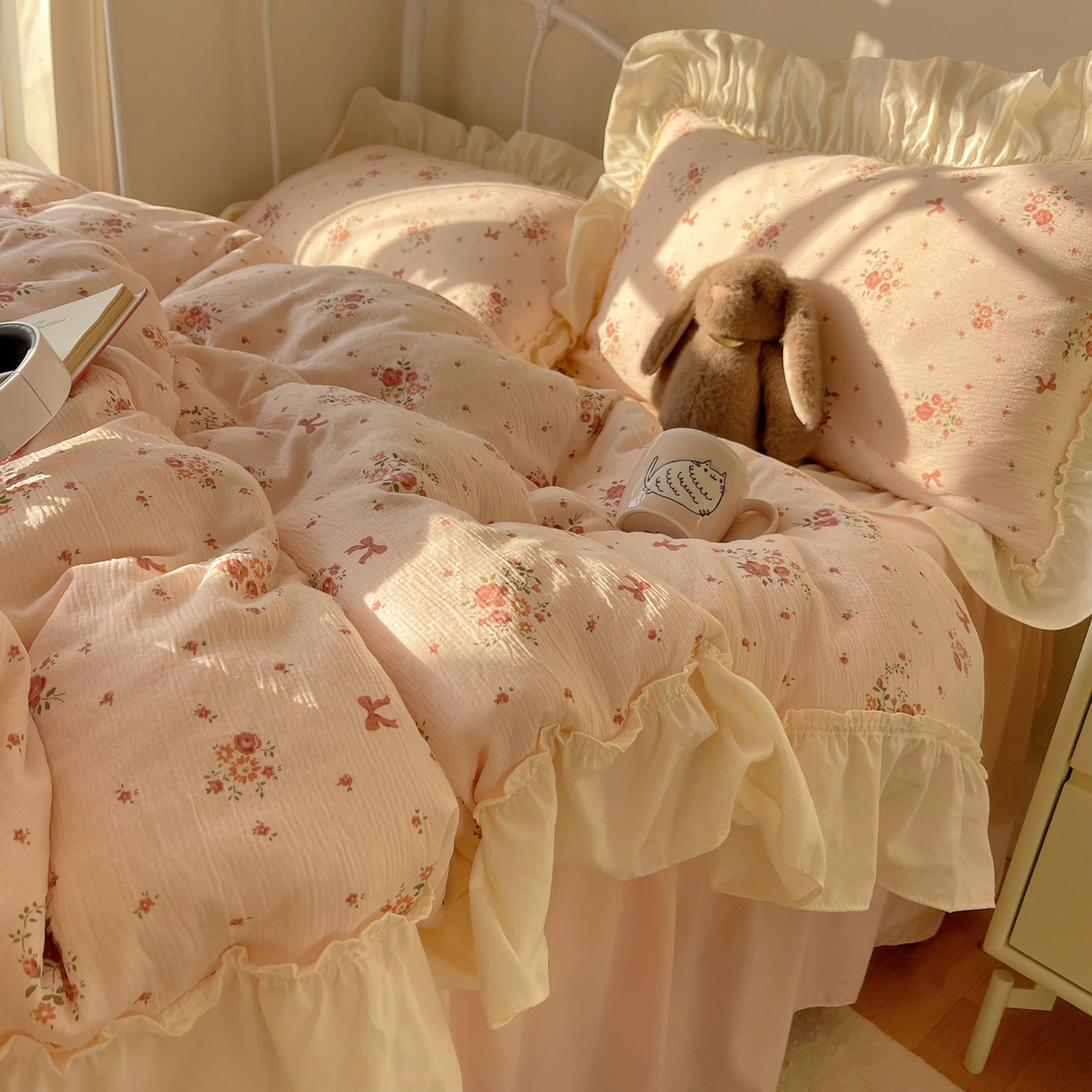 轻奢坊 2026新款皱皱纱韩系碎花法式花边四件套 花漾粉风