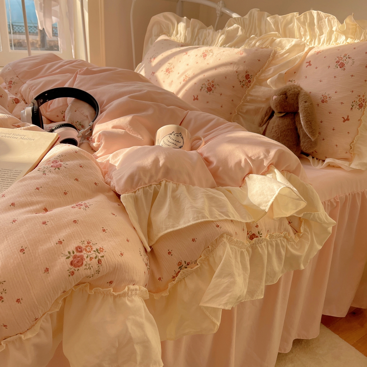 91家纺网 家纺一手货源 找家纺 轻奢坊 2026新款皱皱纱韩系碎花法式花边四件套 花漾粉风