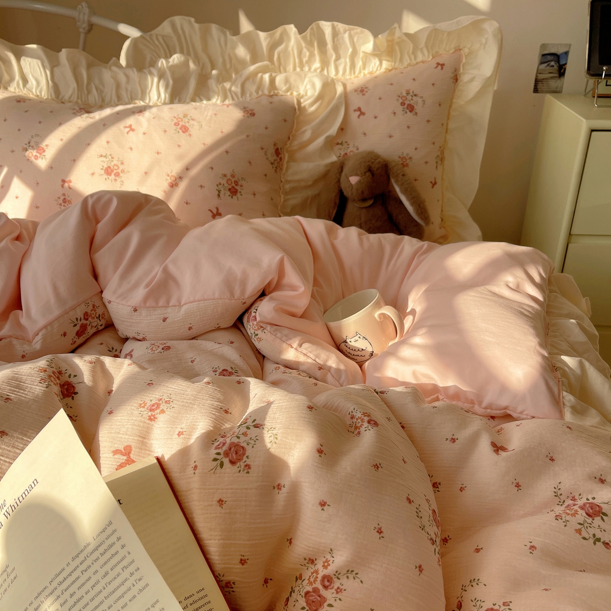 91家纺网 家纺一手货源 找家纺 轻奢坊 2026新款皱皱纱韩系碎花法式花边四件套 花漾粉风