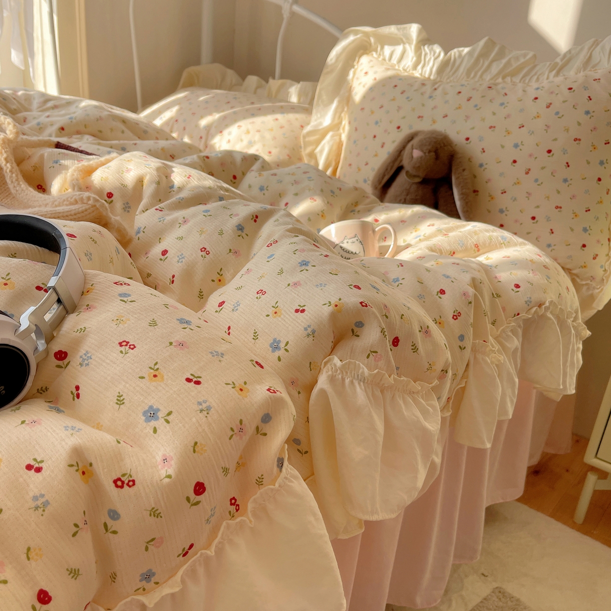 轻奢坊 2026新款皱皱纱韩系碎花法式花边四件套 花漾点点