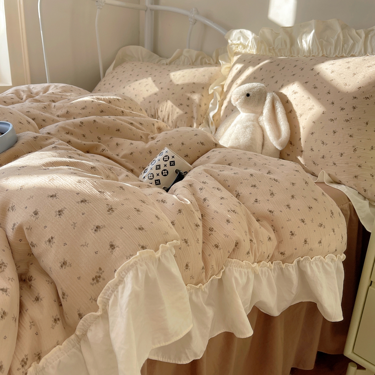 轻奢坊 2026新款皱皱纱韩系碎花法式花边四件套 花漾卡其