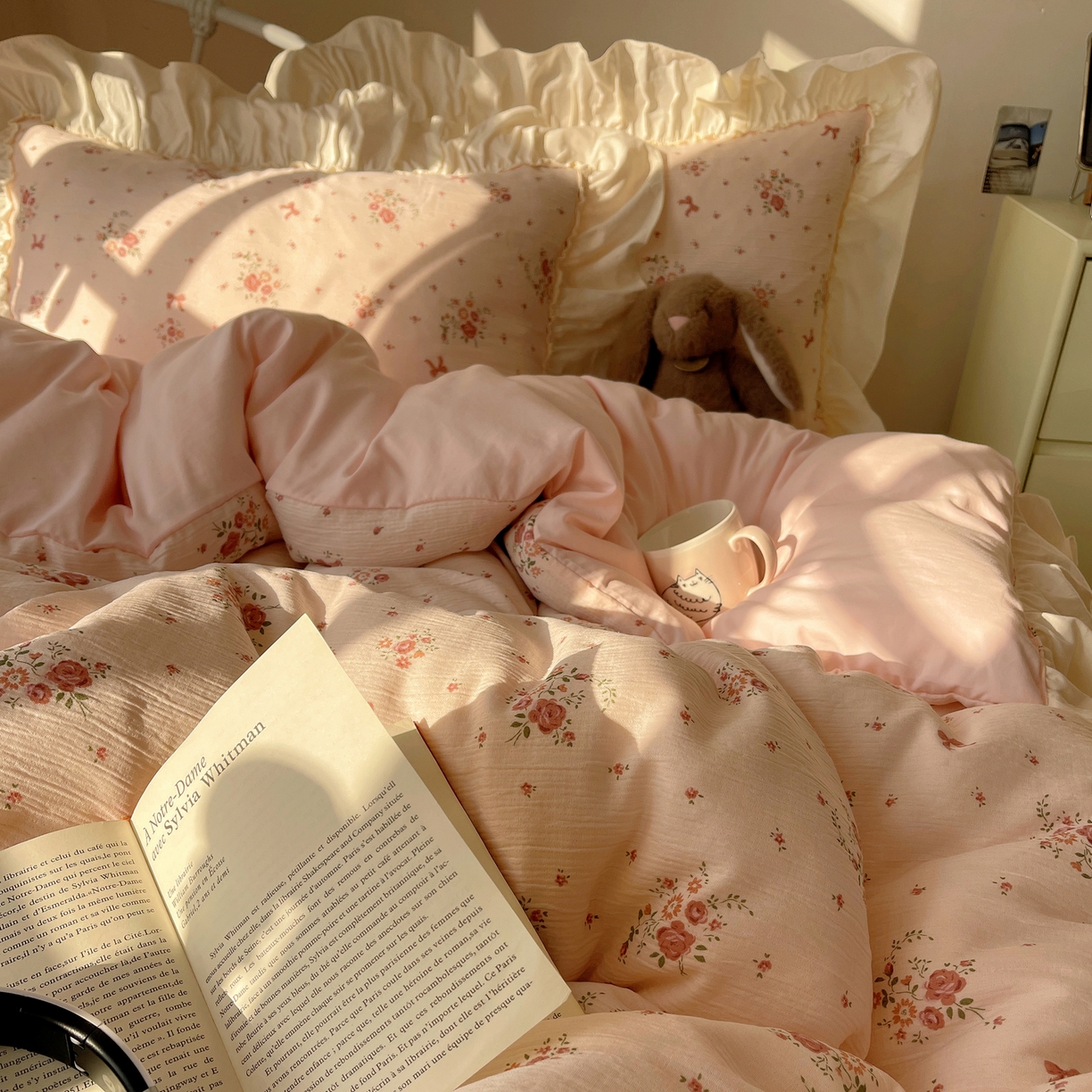 91家纺网 家纺一手货源 找家纺 轻奢坊 2026新款皱皱纱韩系碎花法式花边四件套 花漾粉风