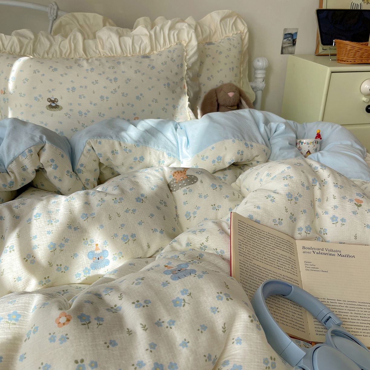 91家纺网 家纺一手货源 找家纺 轻奢坊 2026新款皱皱纱韩系碎花法式花边四件套 花漾星球