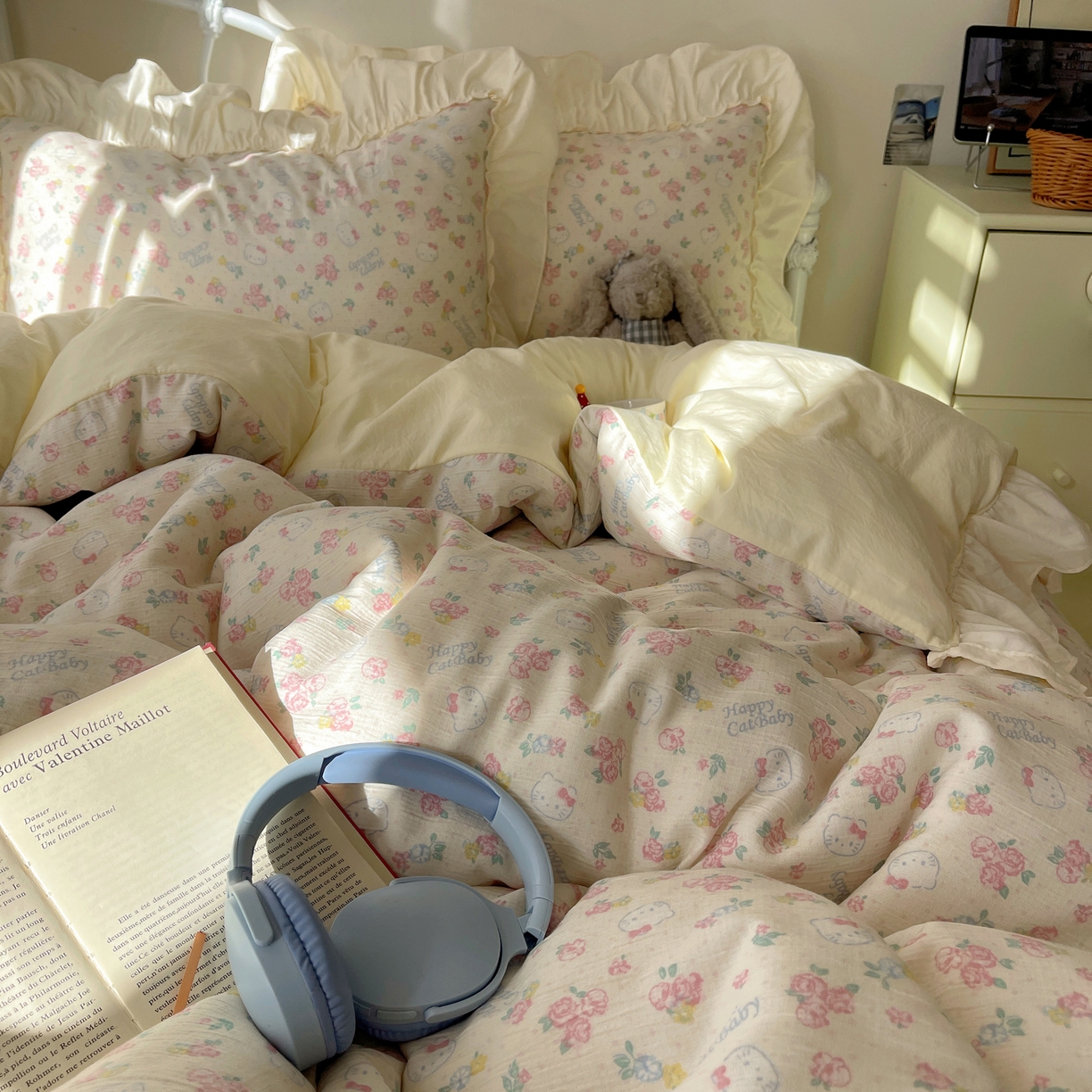 91家纺网 家纺一手货源 找家纺 轻奢坊 2026新款皱皱纱韩系碎花法式花边四件套 花漾粉猫