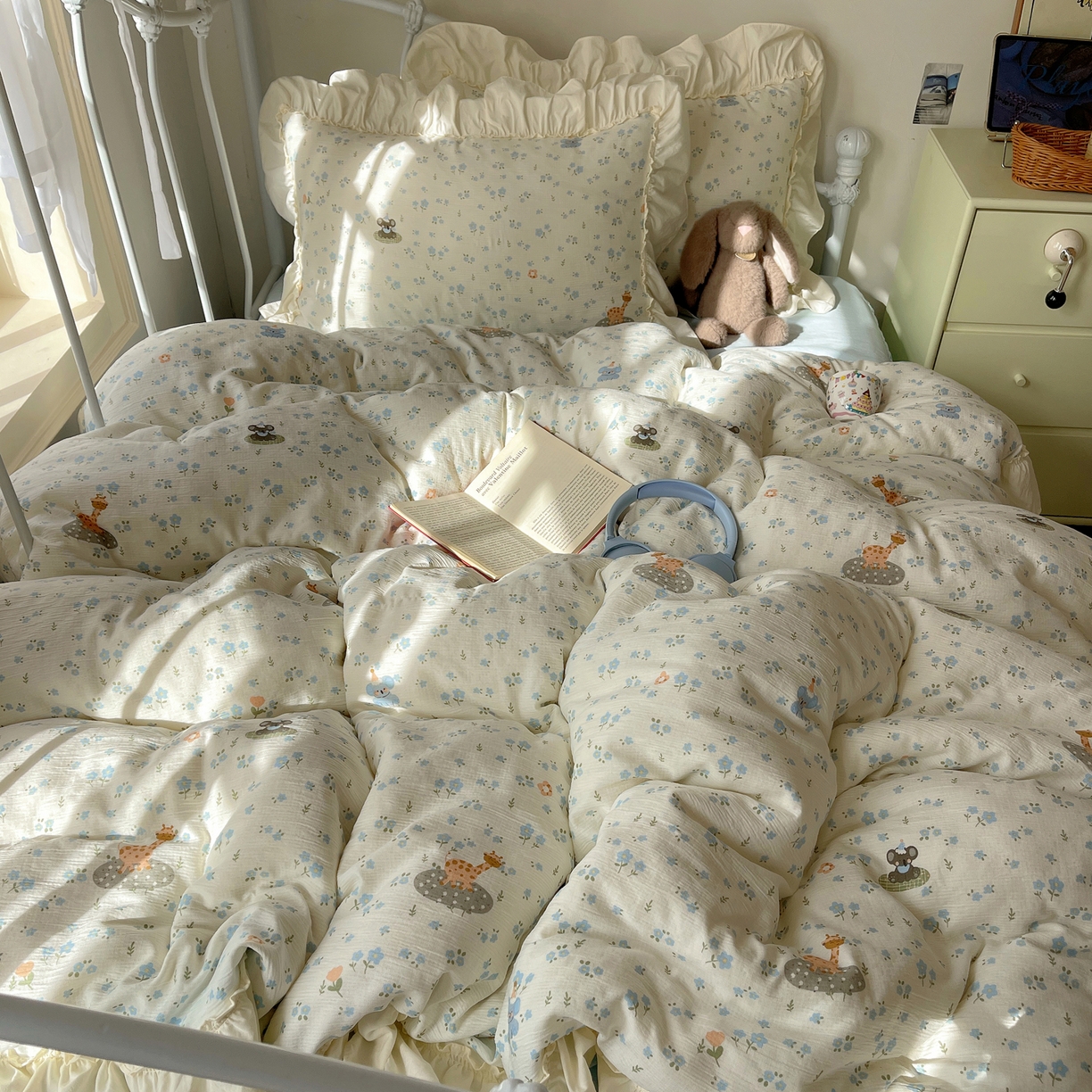 91家纺网 家纺一手货源 找家纺 轻奢坊 2026新款皱皱纱韩系碎花法式花边四件套 花漾星球