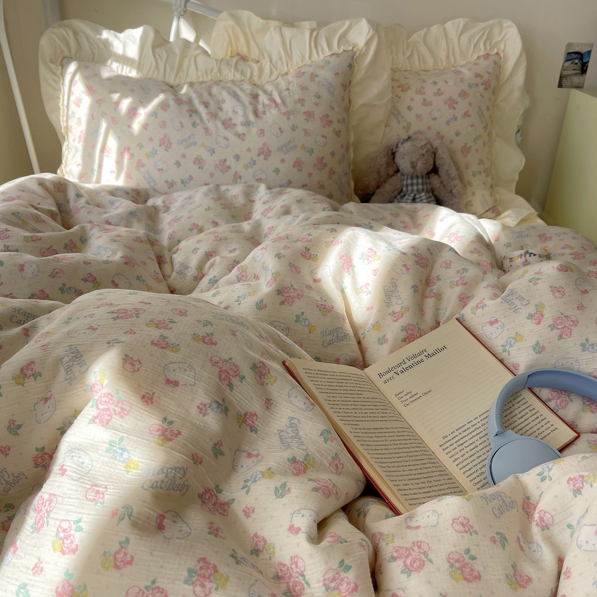 91家纺网 家纺一手货源 找家纺 轻奢坊 2026新款皱皱纱韩系碎花法式花边四件套 花漾粉猫