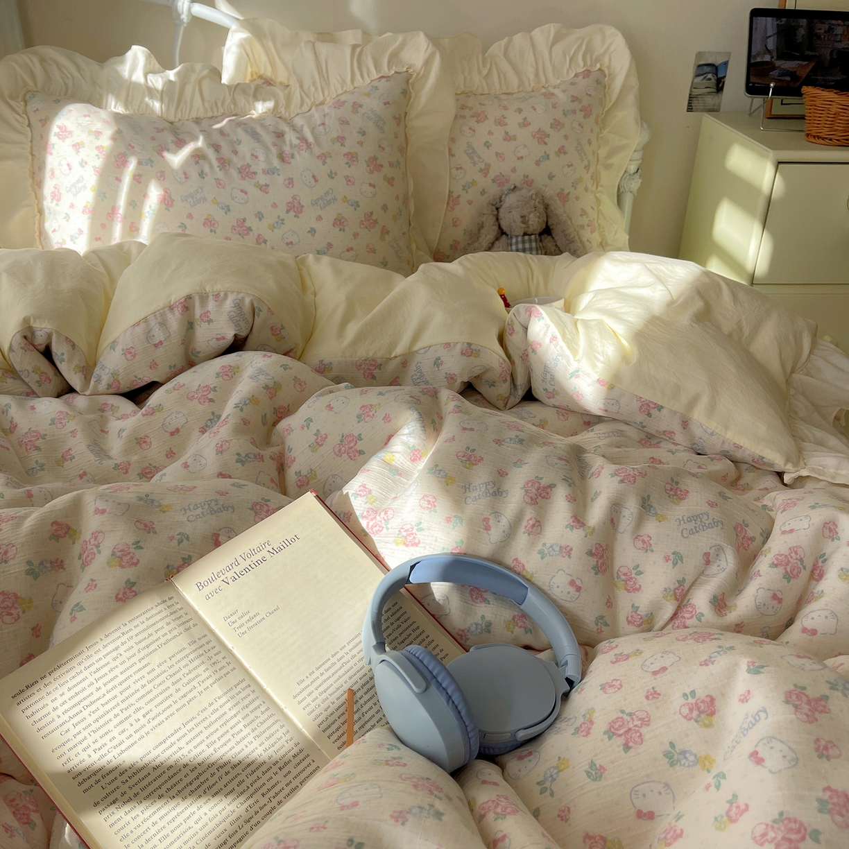 91家纺网 家纺一手货源 找家纺 轻奢坊 2026新款皱皱纱韩系碎花法式花边四件套 花漾粉猫