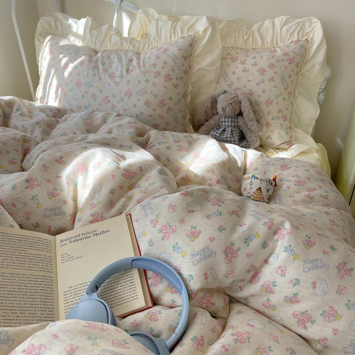 91家纺网 家纺一手货源 找家纺 轻奢坊 2026新款皱皱纱韩系碎花法式花边四件套 花漾粉猫