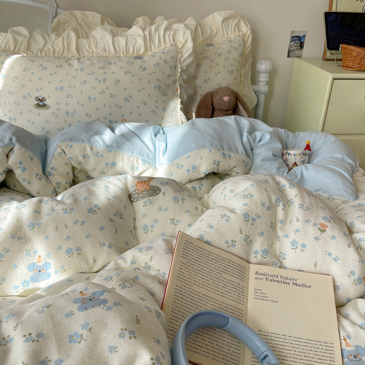 91家纺网 家纺一手货源 找家纺 轻奢坊 2026新款皱皱纱韩系碎花法式花边四件套 花漾星球